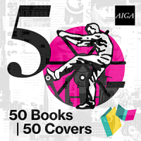 AIGA 50 Books | 50 Covers 2022 identity. Abstract shapes represent the spines of a books stacked on shelves. The zero in the 50 is a man pulling on the arm of a printing press, radiating like spokes.